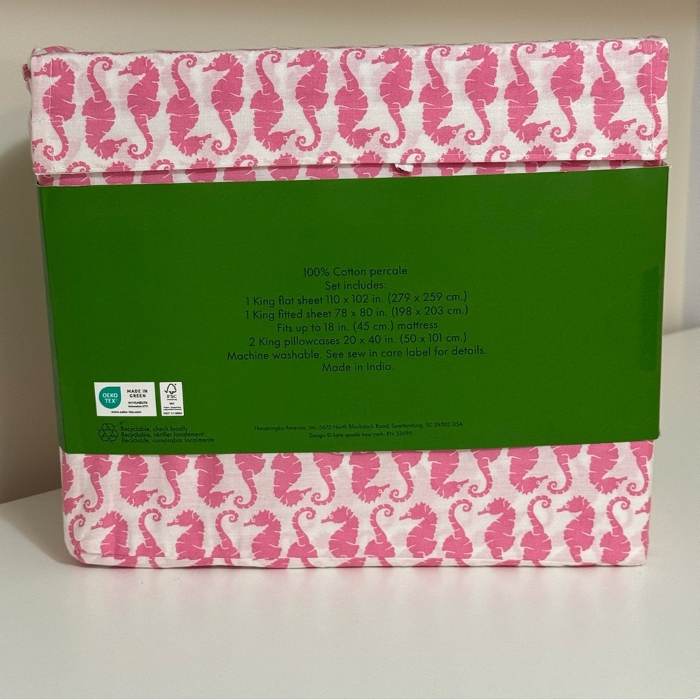 Kate Spade Pink Seahorse King Sheet Set NEW - Picture 2 of 4